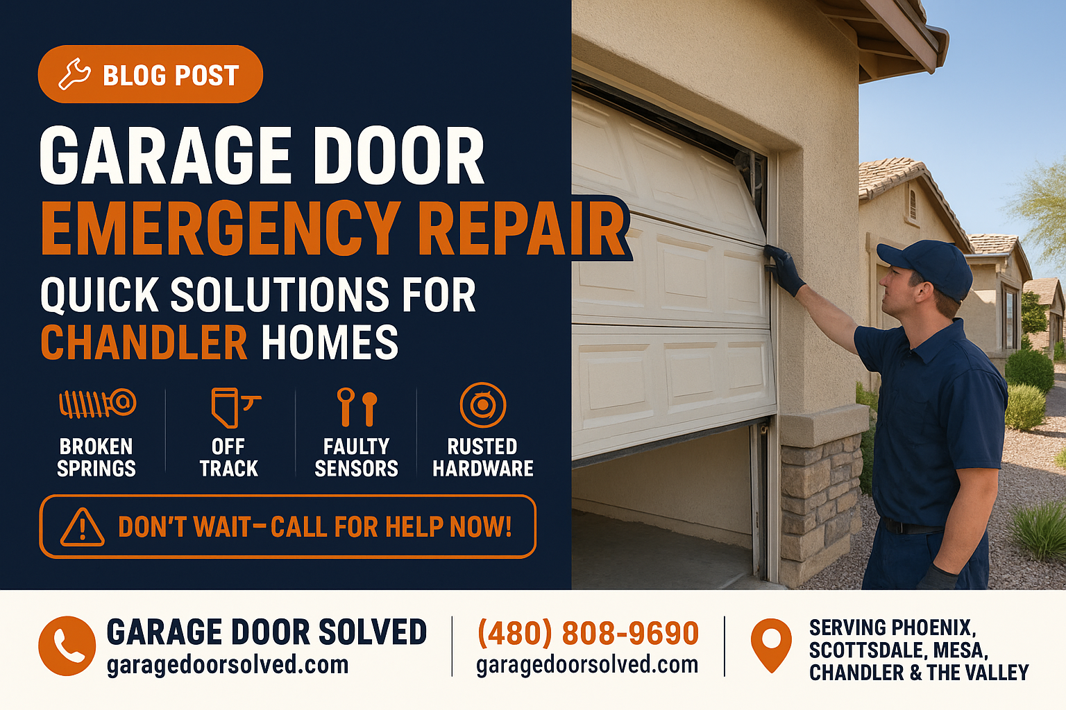 Emergency garage door repair technician working on a door in Chandler