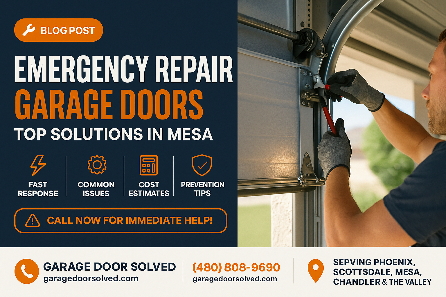 An emergency garage door repair technician working on a garage door in Mesa