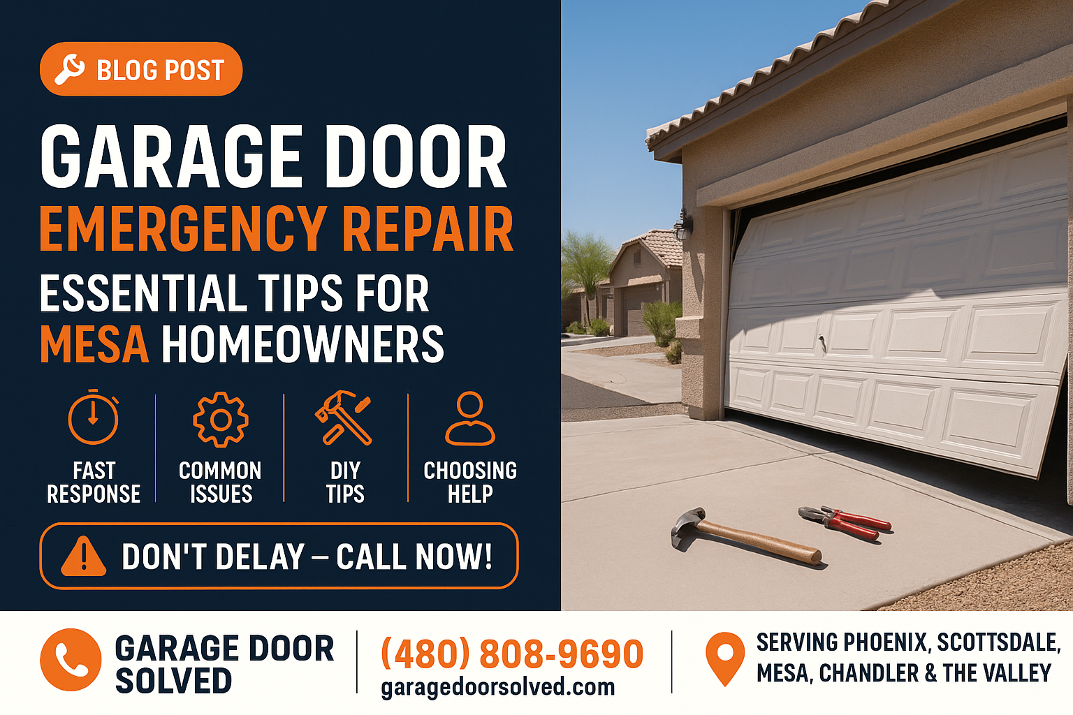 A garage door in need of emergency repair in Mesa, Arizona