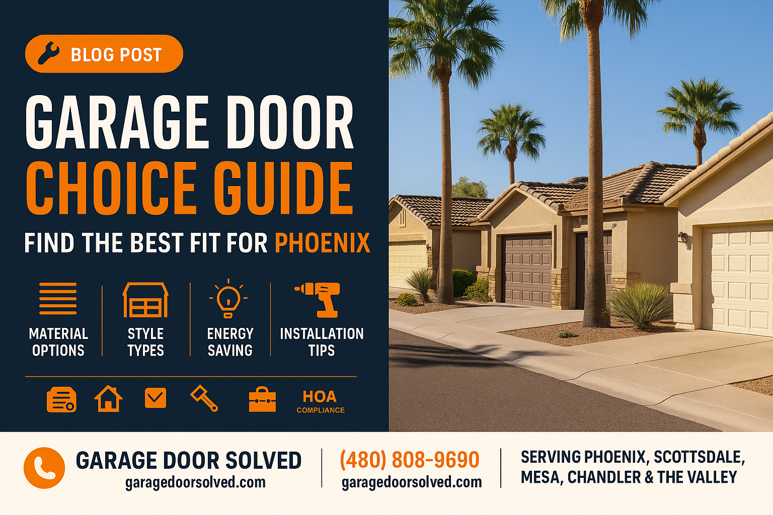A modern garage door on a Phoenix home with desert landscaping.