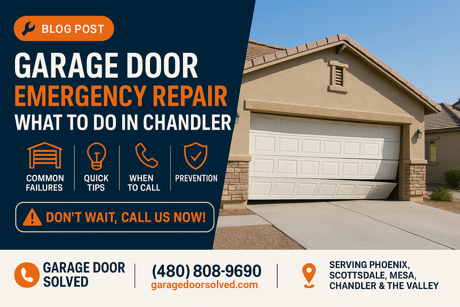 Broken garage door in Arizona home with tools nearby