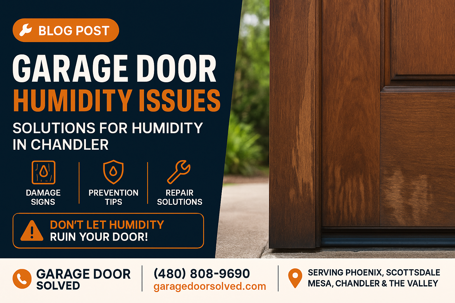 A garage door suffering from humidity damage in Chandler, Arizona