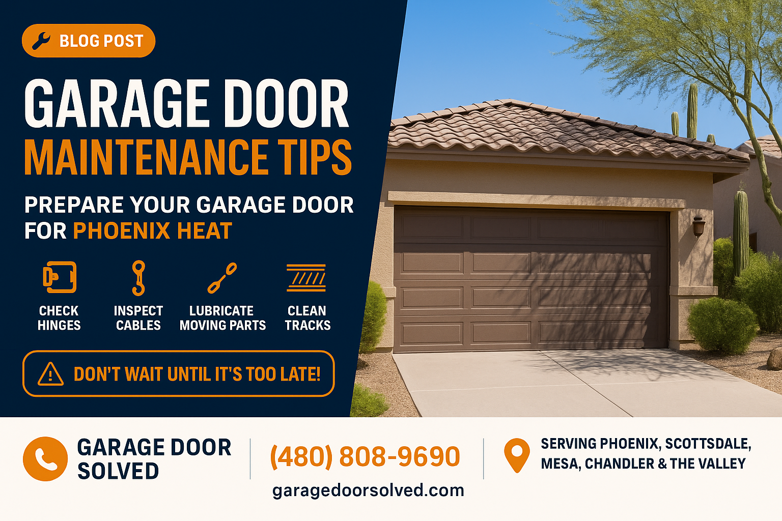 A well-maintained suburban garage door in Phoenix under bright sunlight