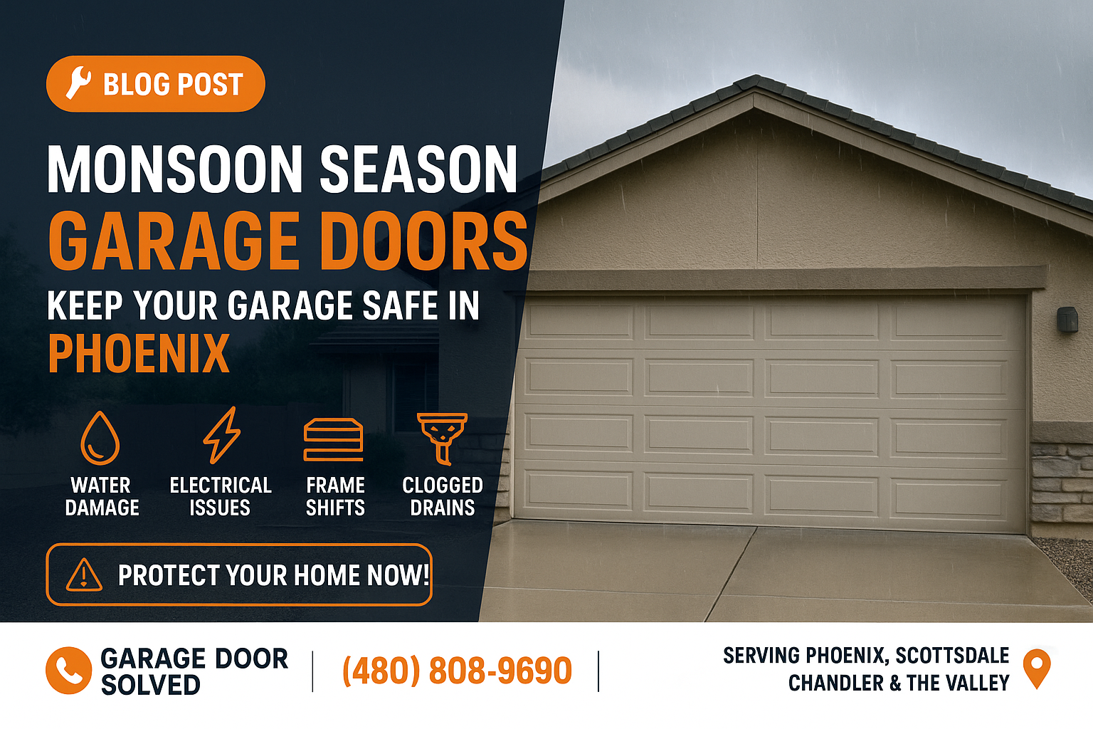 A residential garage door in Phoenix prepared for monsoon season with protective measures in place.