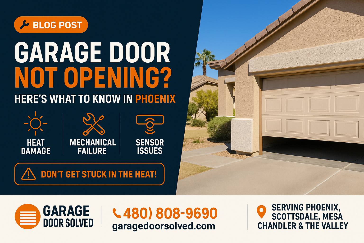 A residential garage door in Phoenix struggling to open under the sun.