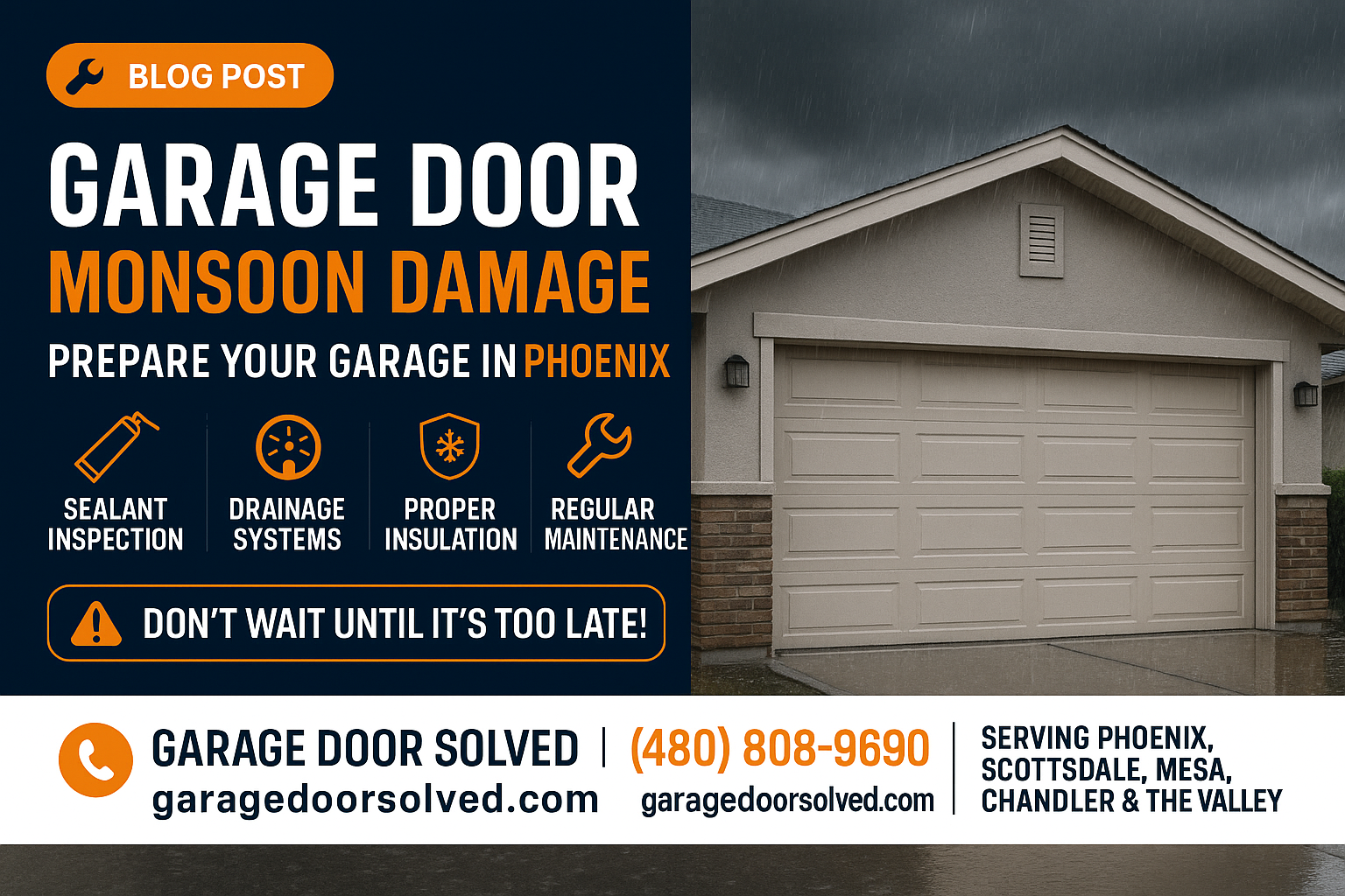 A garage door exposed to heavy rain during monsoon season in Phoenix