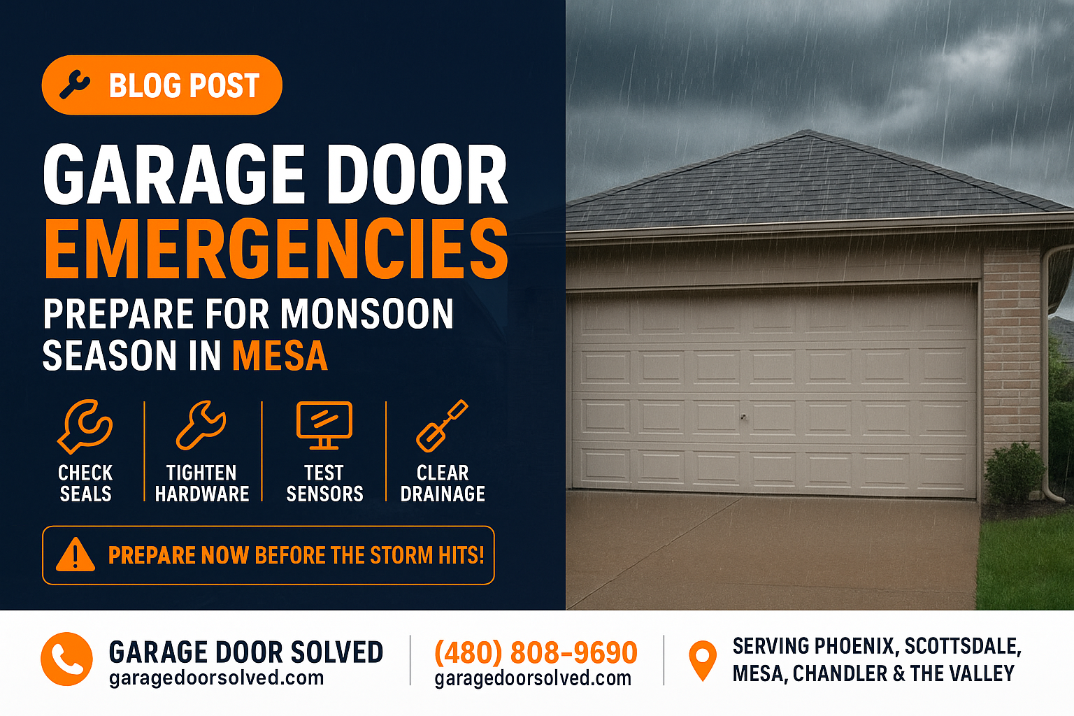 A garage door in Mesa during a monsoon, with rain pouring and dark clouds overhead.