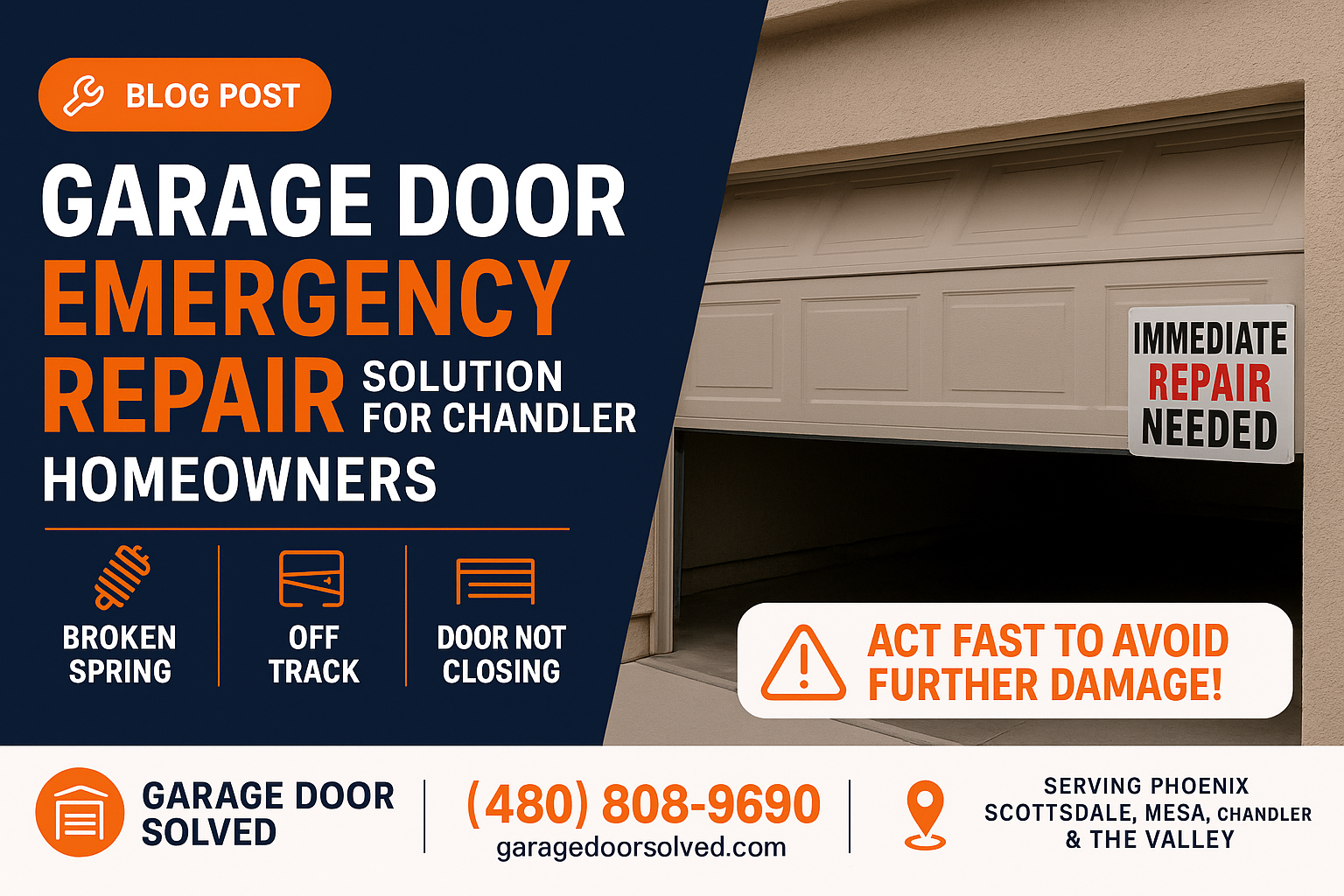 Garage door with a malfunctioning spring in a Chandler home