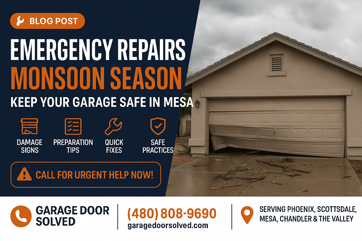 A garage door partially open after storm damage in a Mesa neighborhood