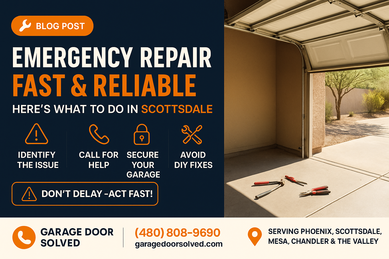 Emergency garage door repair in Scottsdale with technician and tools