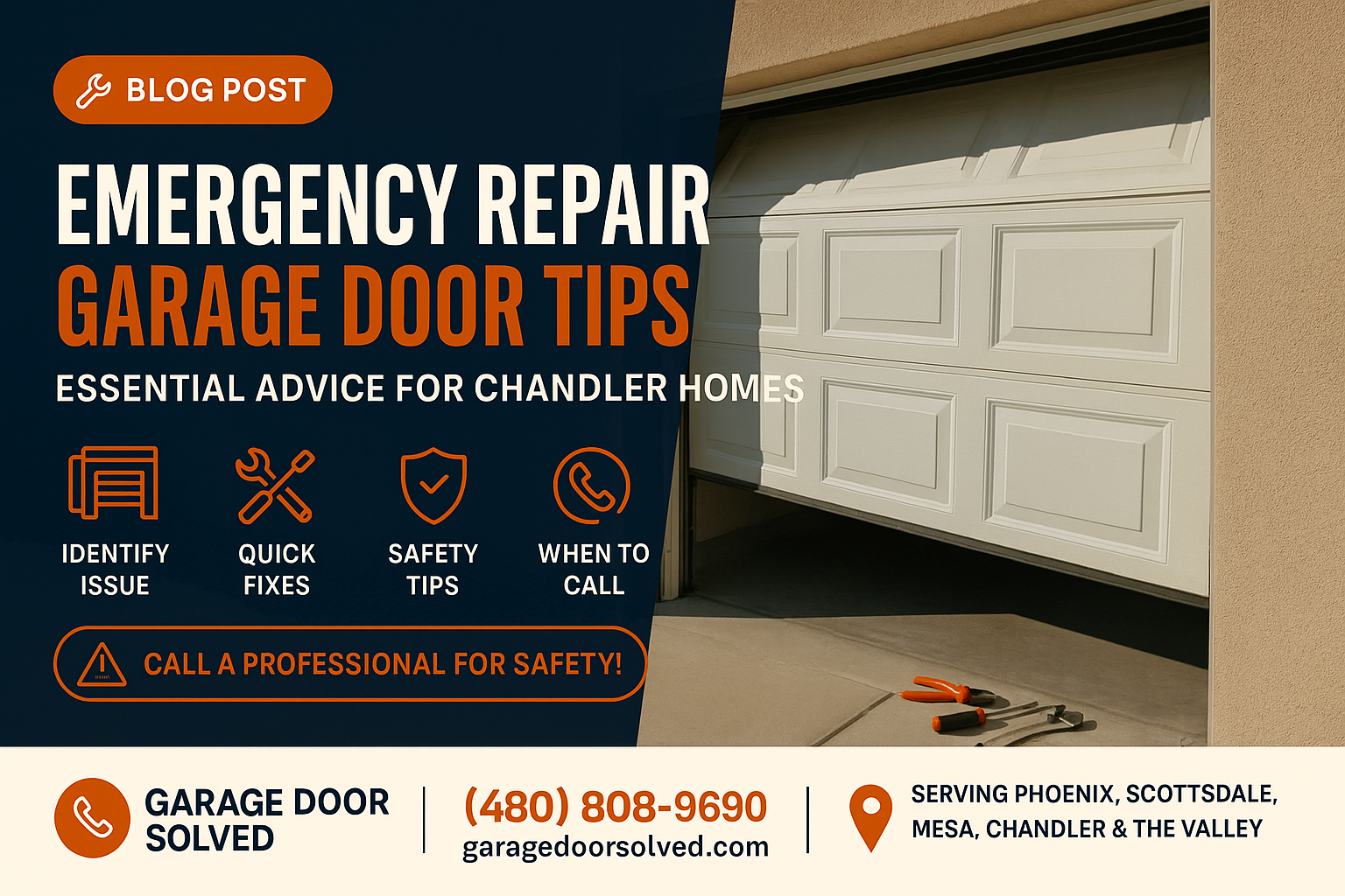 A garage door partially open with a nearby toolbox and tools for repair