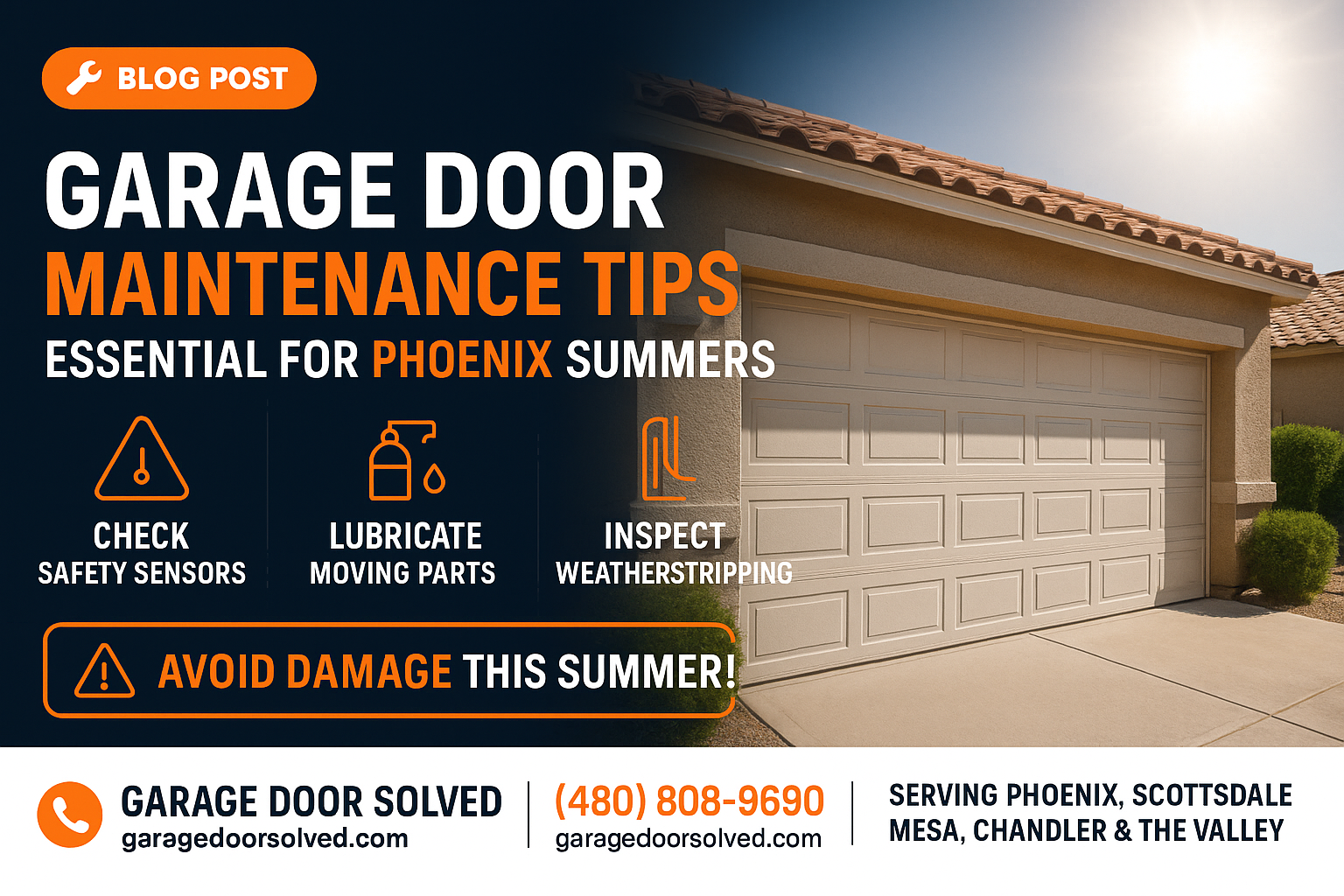 A Phoenix home with a well-maintained garage door under a bright sun