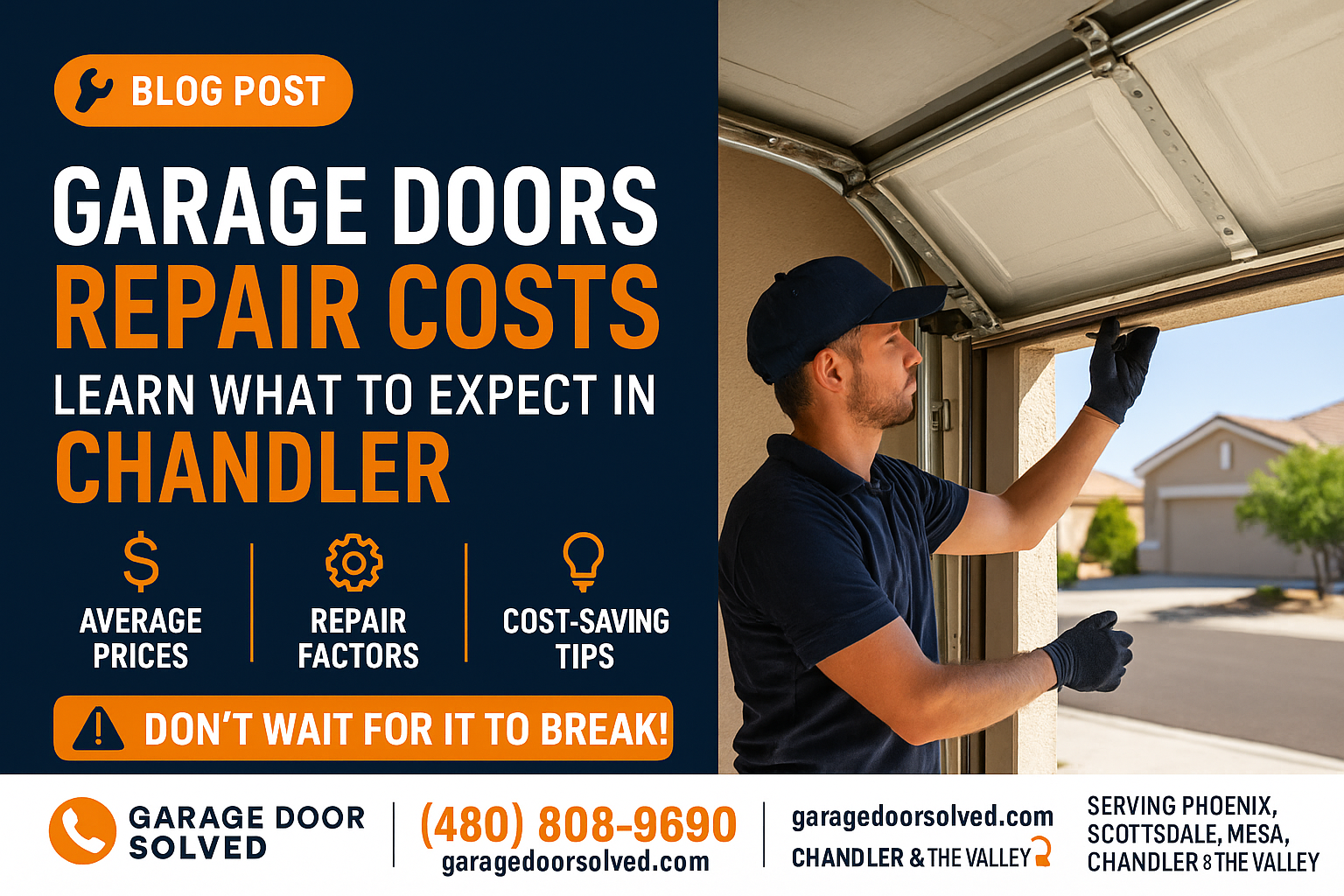 A repair technician assessing a garage door in Chandler, Arizona