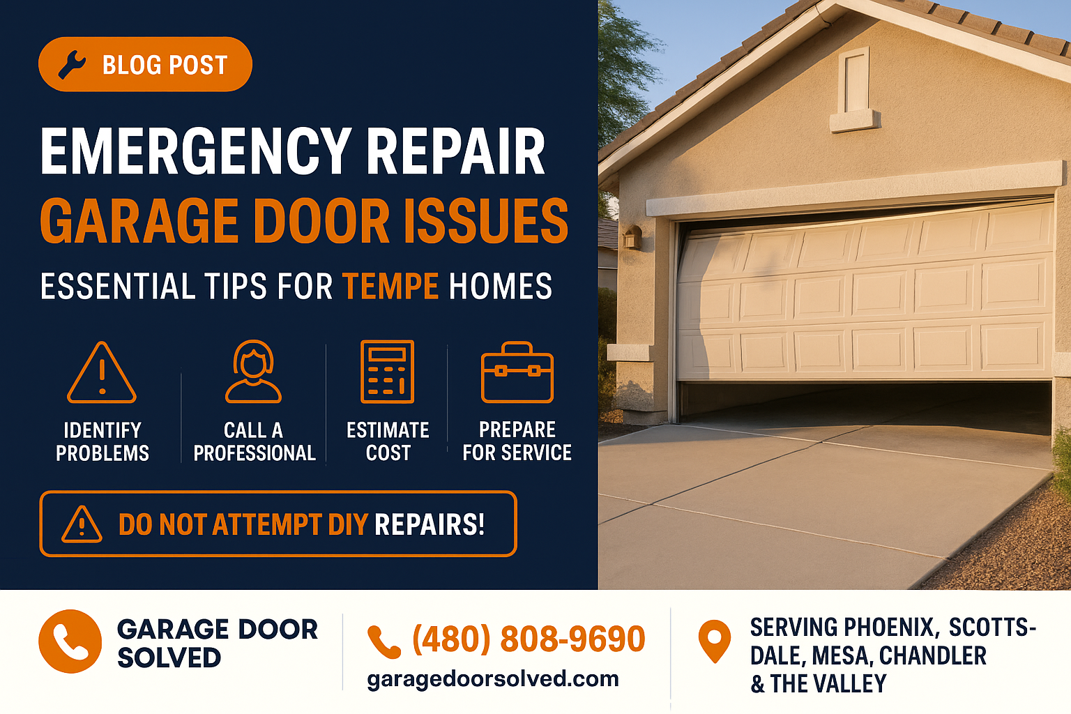 A damaged garage door needing urgent repair in a house in Tempe, Arizona
