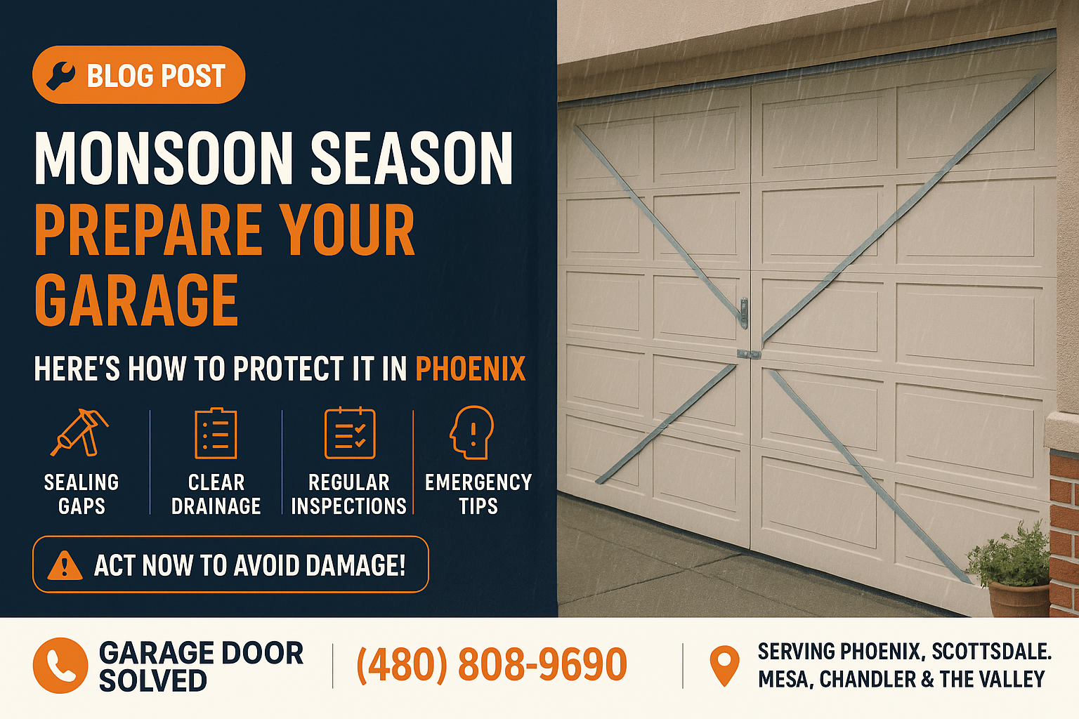 A residential garage door secured against rain in Phoenix
