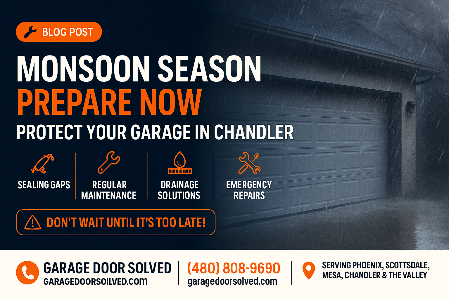 A garage door being reinforced against monsoon weather in Chandler