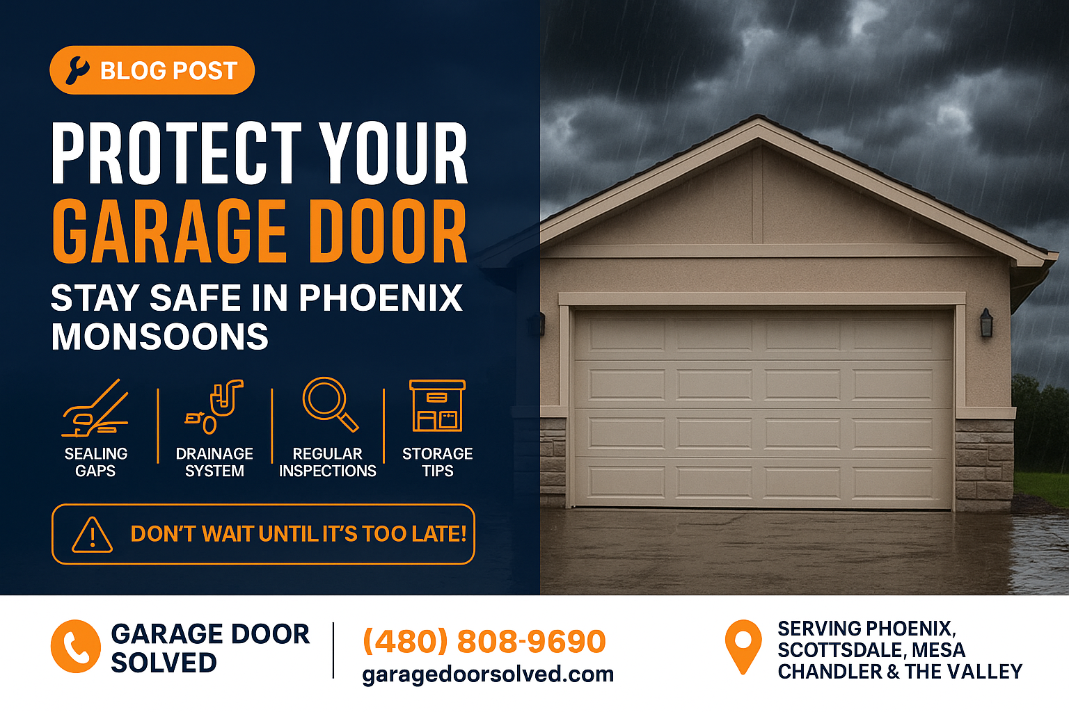 Garage door with water puddles and stormy sky in Phoenix