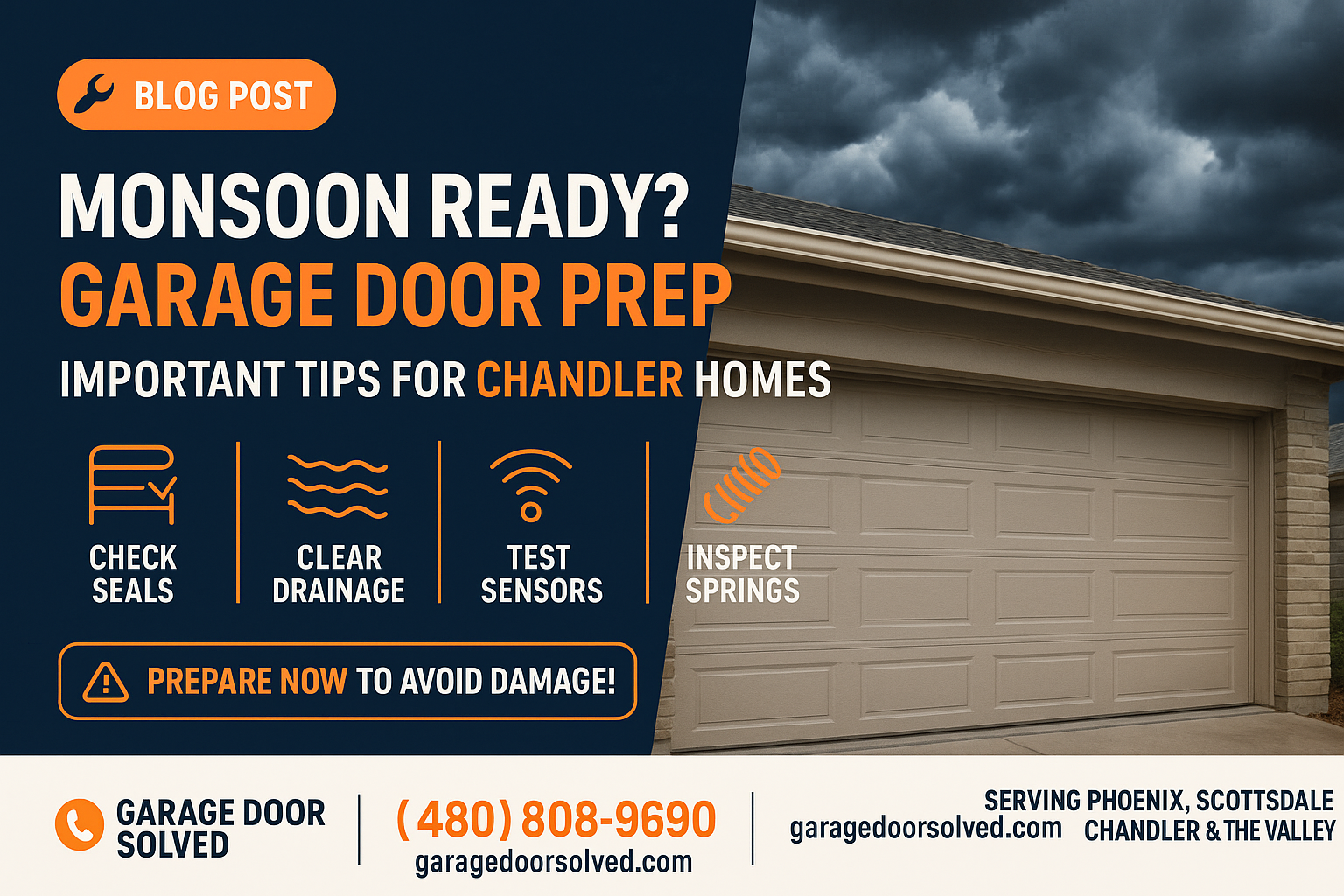 Garage door ready for monsoon with rain clouds overhead