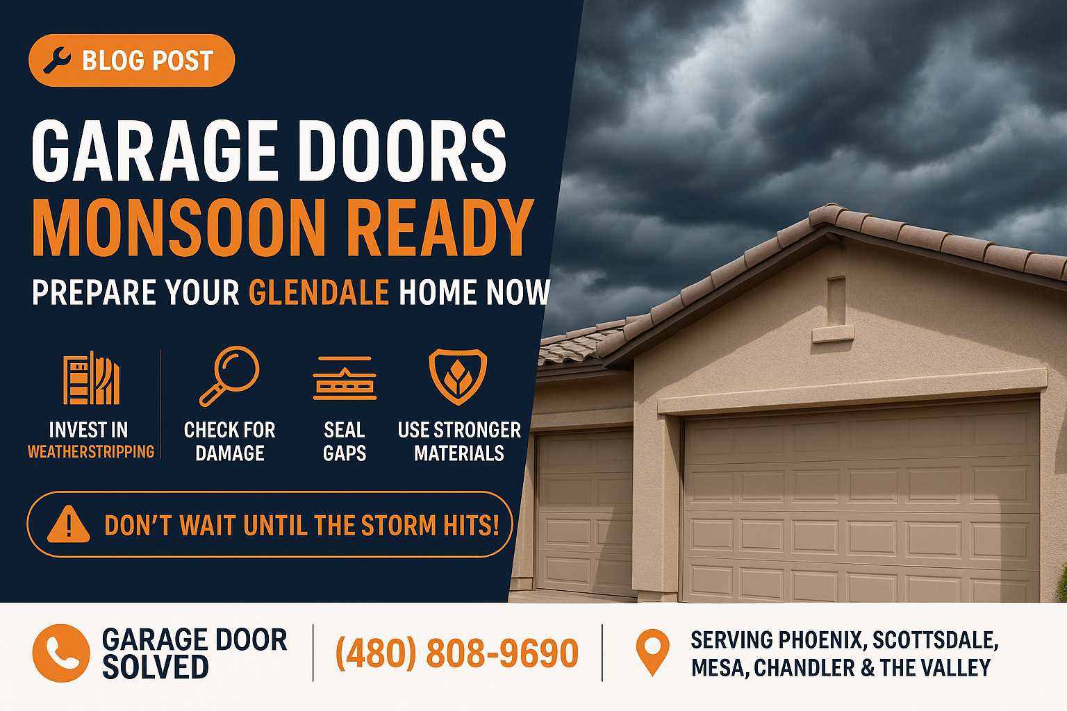 A garage door reinforced against stormy weather in Glendale, Arizona