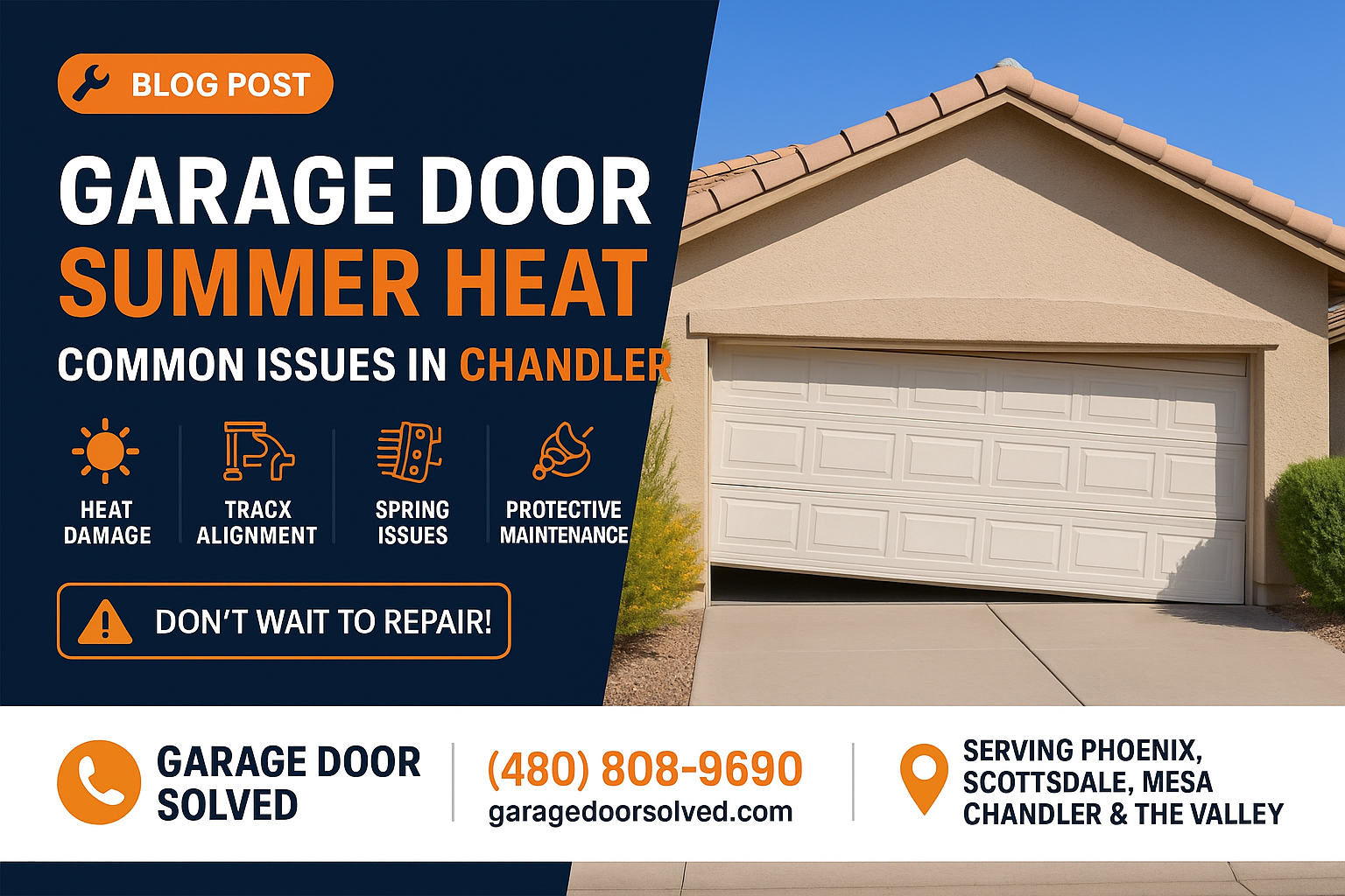 A residential garage in Chandler, Arizona under the hot summer sun, showing signs of wear on the garage door.